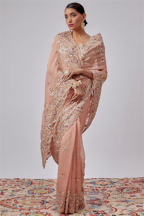 Peach Pure Organza Hand Embroidered Saree Set Design By Kalighata At Pernia S Pop Up Shop 2024