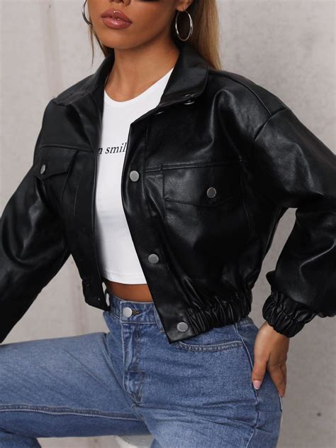 Drop Shoulder Crop PU Leather Jacket Roupas Jaqueta De Couro