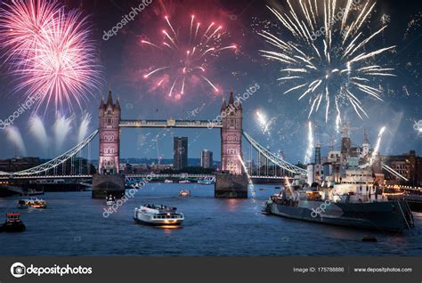 Tower bridge with fireworks, celebration of the New Year in Lond Stock ...