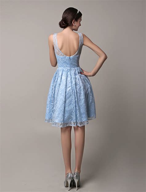 Short Blue Lace Illusion Bridesmaid Dress With Scoop Back Wedding Guest