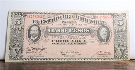 Mexico 5 Pesos 1914 Serie H Chihuahua Banknote Large Note EBay