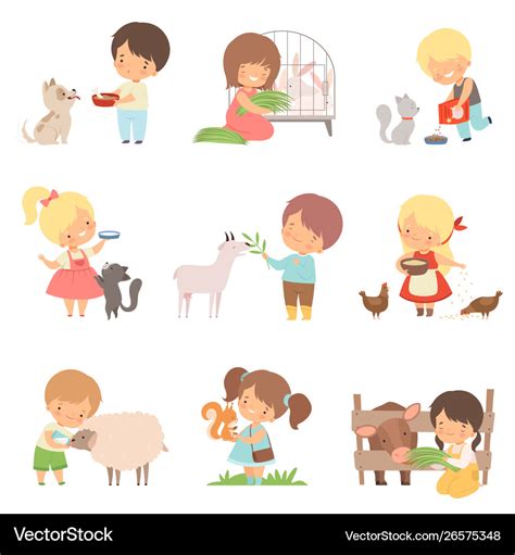 Cute Little Boys And Girls Feeding Animals Set Vector Image