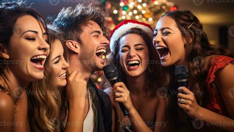 Group of young people singing in karaoke at christmas party. AI ...