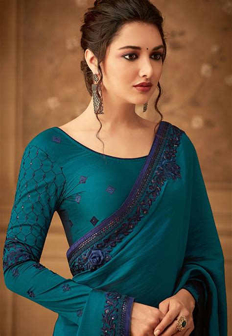 Blue Silk Embroidered Festival Wear Saree 505 Indian Fashion Party