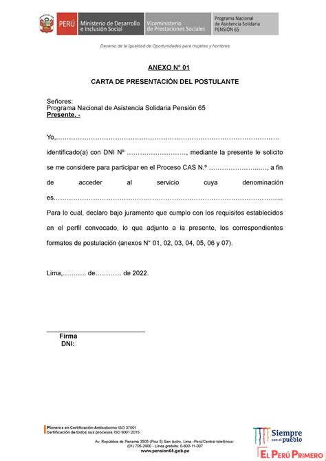 Formato de postulacion ANEXO N 01 CARTA DE PRESENTACIÓN DEL