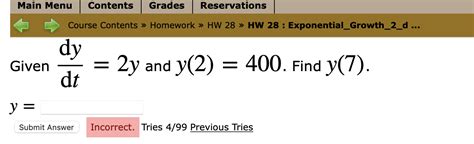 Solved Given Dtdy 2y And Y 2 400 Find Y 7 Y Tries 4 99 Chegg