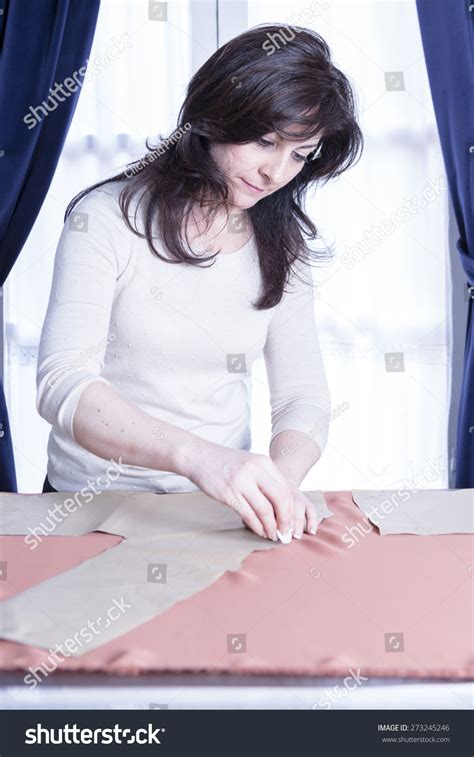 Dressmaker Marking Fabric Chalk Her Sewing Stock Photo