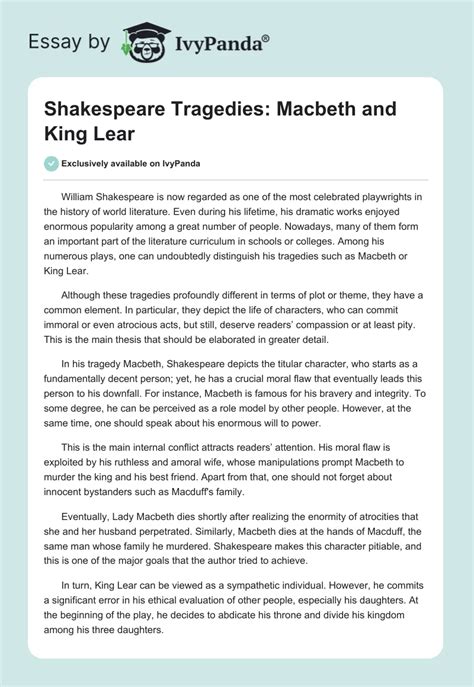 Shakespeare Tragedies Macbeth And King Lear 833 Words Essay Example