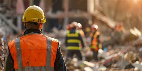 Surveying Building Collapse Rescue Worker with Team in Background ...