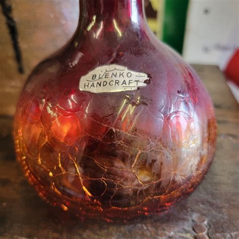 Blenko Vintage Crackle Glass Round Decanter Amberina Red Amber 636 S Ebay