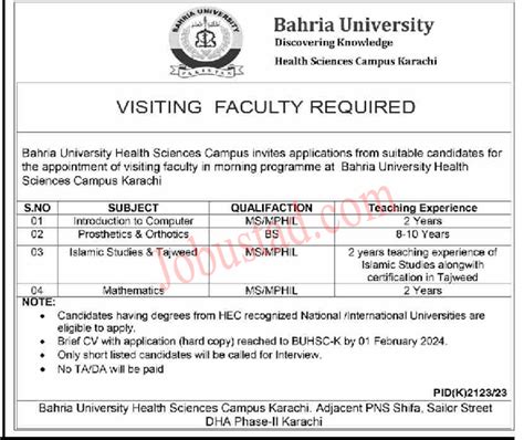 Bahria University Jobs In Karachi February 2024 Advertisement