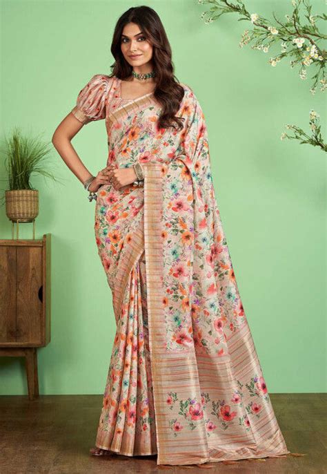 Digital Printed Crepe Saree In Light Beige Ssf