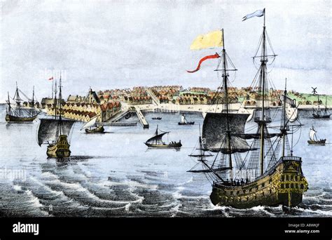 Sailing ships arrving in Dutch colony of New Amsterdam in 1667. Hand ...