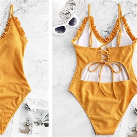 Zaful Swim Zaful Frilled Laceup Ribbed Onepiece Swimsuit Poshmark