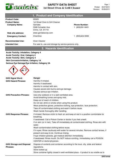 Product and Company Identification: 1st Street Oven & Grill Cleaner Safety Data Sheet | PDF ...