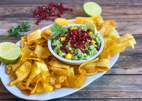 Mango Pomegranate Guacamole With Homemade Plantain Chips