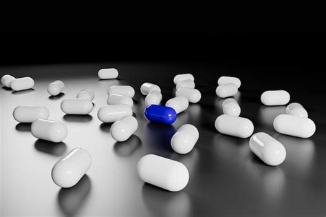 Premium Photo Blue Pill Between White Pills On Black Background 3d Render