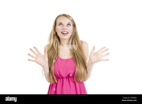 Woman Holding Arms Up In Surprise Stock Photo Alamy