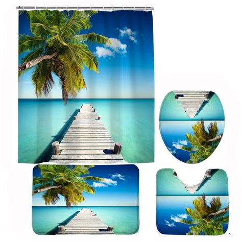 Seaside Beach Shower Curtain Sets Palm Tree Ocean Waves Bathroom