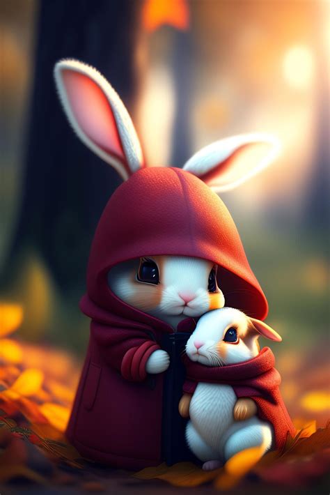 Cute rabbit in red coat and white rabbit in the autumn forest. 23122754 ...