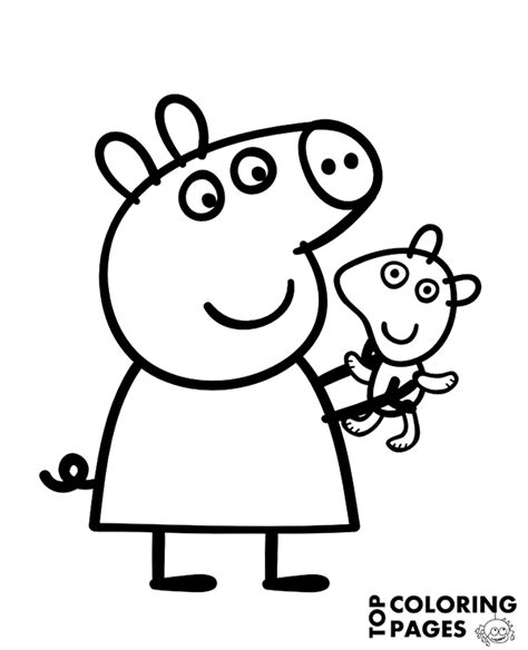 Peppa with Teddy bear on printable coloring pages, sheet