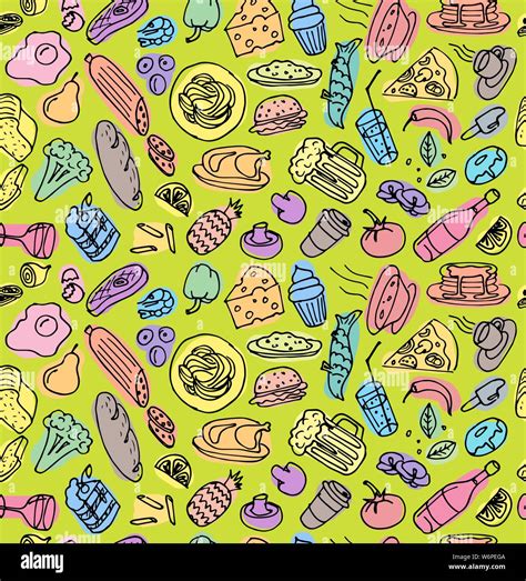 Various hand drawn food cookery dishes doodle outline colorful sketch seamless pattern on green ...