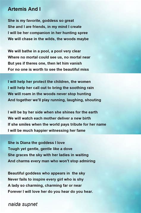 Artemis And I Poem By Naida Supnet Poem Hunter