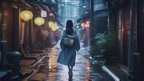 Premium Ai Image Woman Walking In A Rainy Street At Night Tokyo Japan