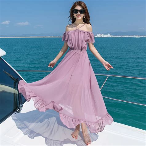 Elegant Ruffle Off Shoulder Women Dress Casual Pleated Chiffon Lace Long Dress Ladies Holiday