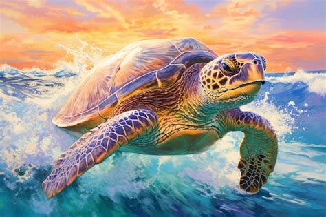 Pintura de una tortuga nadando en el océano al atardecer generativo ai