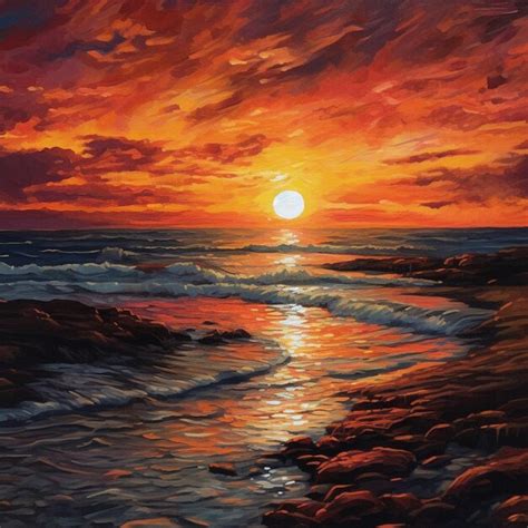 Premium AI Image | a painting of a sunset with a sunset and waves.