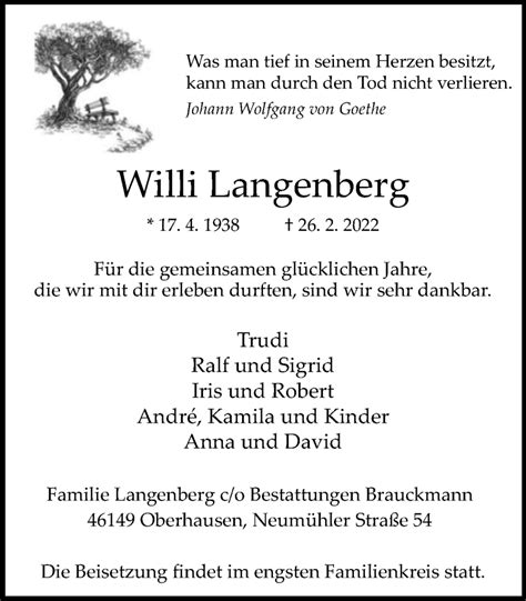 Traueranzeigen Von Willi Langenberg Trauer In NRW De