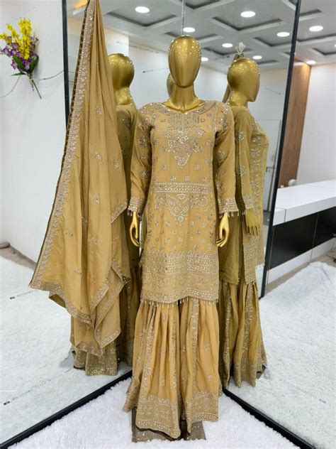 Mustard Pure Chinnon Silk And Heavy Embroidery Sequence Work Sharara Suit