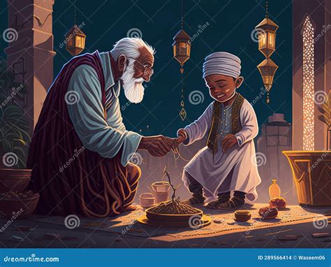 3d Illustration Muslim Old Man And Boy Eating Iftar Food In Mosque