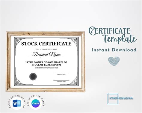 Editable Stock Certificate Template. Printable Certificate. Editable ...