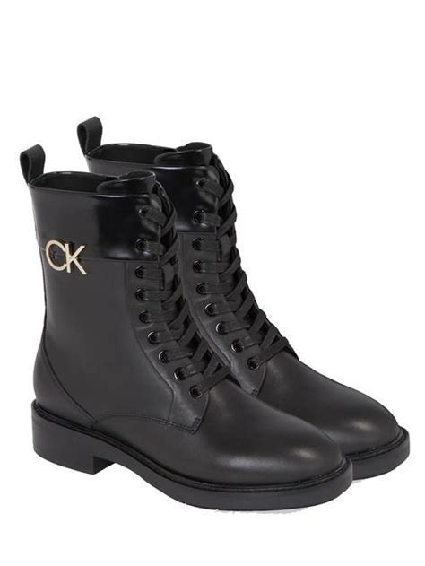 Calvin Klein Rubber Sole Combat Leather Amphibian Ankle Boots Ck Black