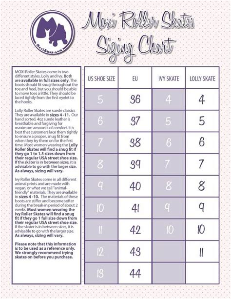 Moxi Skates Sizing Chart Skate Chart Roller Skating