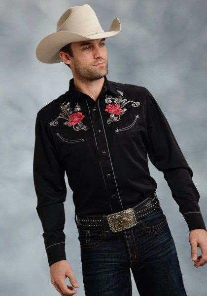 Mens Embroidered Western Shirt Baroque Rose Cowboy Outfit For Men