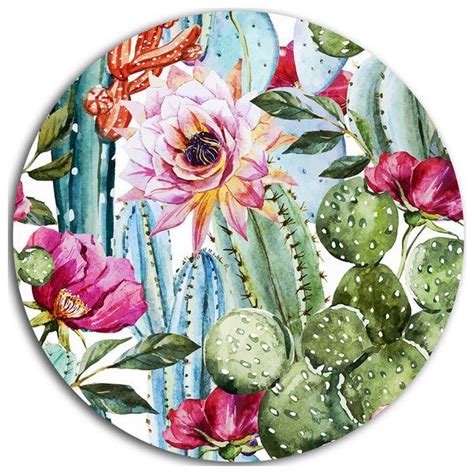 Cactus Pattern Watercolor Floral Digital Art Round Metal Wall Art