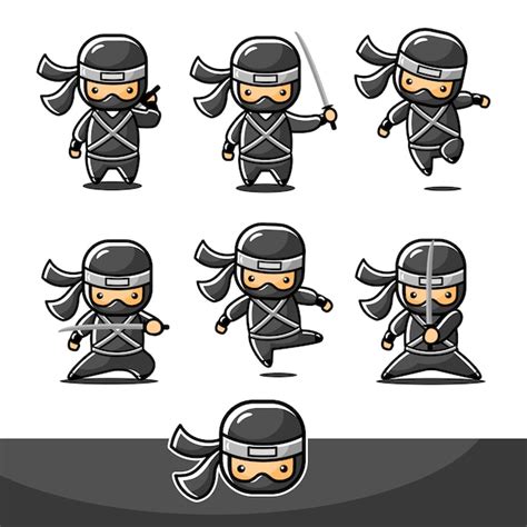 Premium Vector | Cartoon little ninja action set