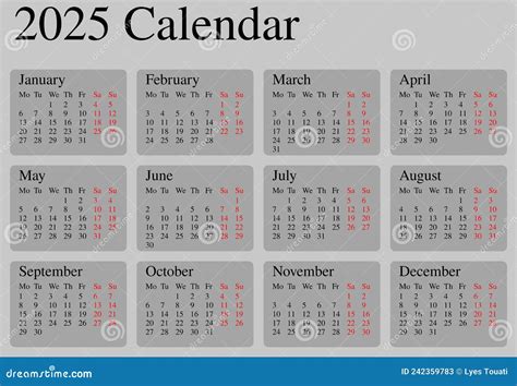 Calendar 2025 Not Colored Grey Squared Months Stock Illustration