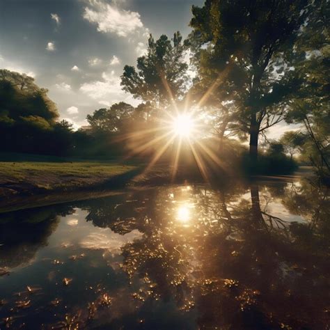 Premium Ai Image A Lake With The Sun Shining On It