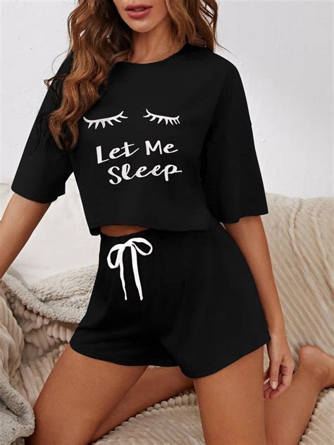 Black Collar Half Sleeve Slogan Short Sets Embellished Slight Stretch