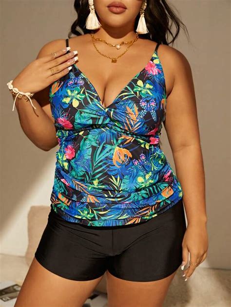 Plus Tropical Print Ruched Bikini Swimsuit Shein Usa