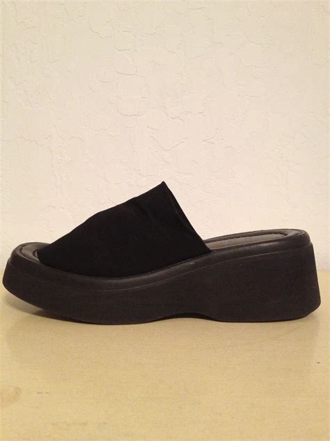 90s Black Chunky Platform Wedge Slip On Sandals Shoes Us 7