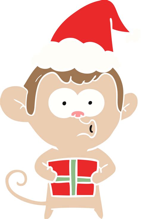 flat color illustration of a christmas monkey wearing santa hat ...