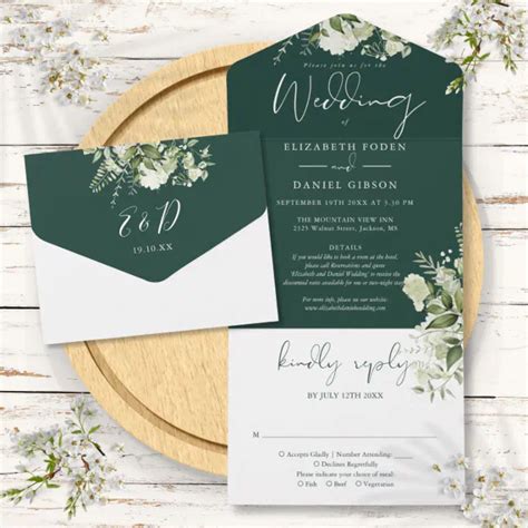 Emerald Greenery Floral Details Rsvp Wedding All In One Invitation Zazzle