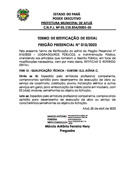 Termo De Retifica O De Edital Prefeitura Municipal De Afu Pa