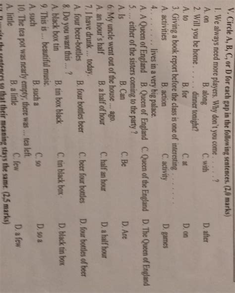 V Circle A B C Or D For Each Gap In The Following Sentences 2 0