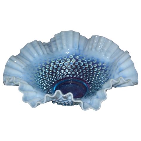 Vintage Fenton Blue Opalescent Hobnail Ruffled Bowl Shop Fenton Opalescent